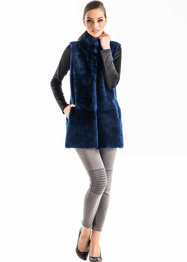 Blue Reversible Geniune Nappa Lamb Leather Mouton Fur Vest-3