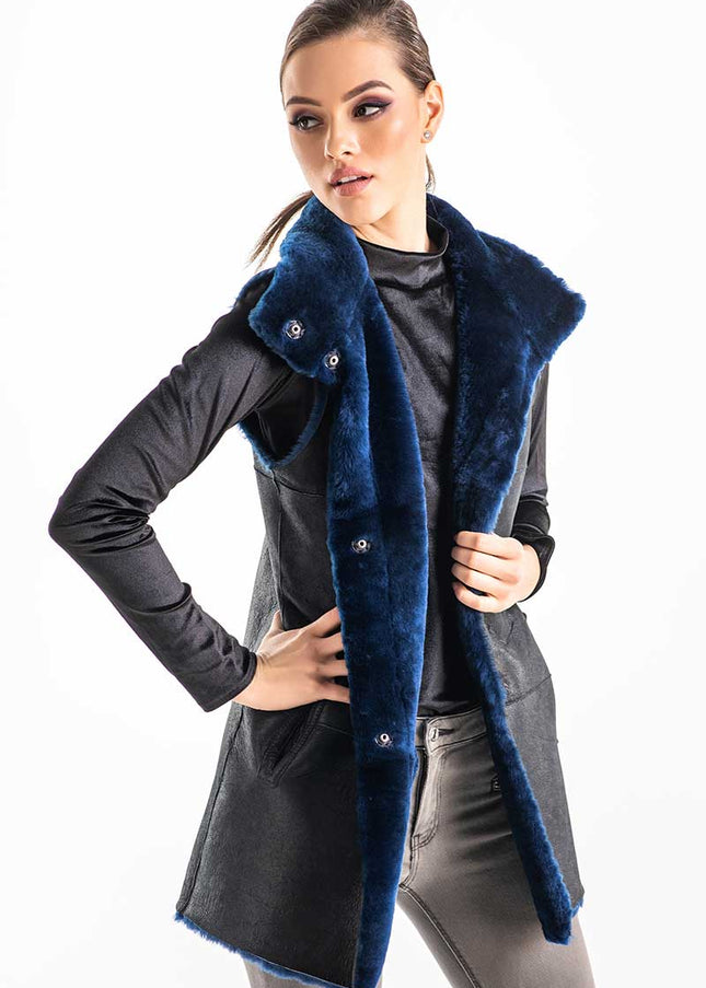 Blue Reversible Geniune Nappa Lamb Leather Mouton Fur Vest-4