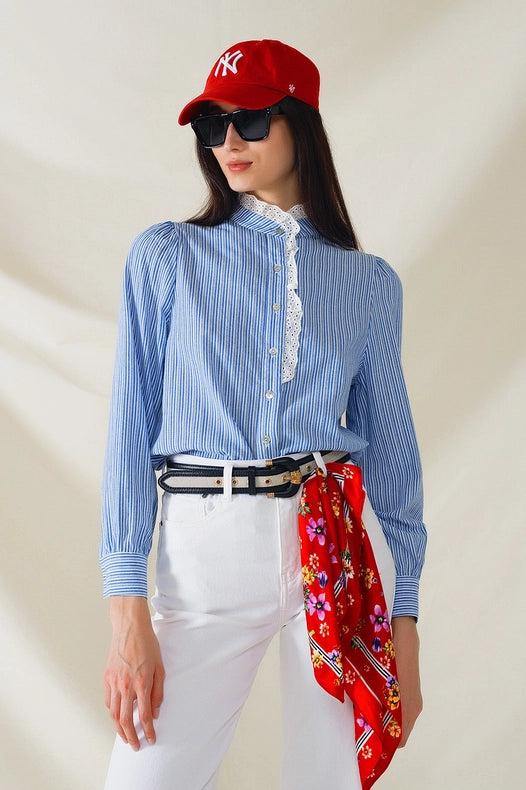 Blue Shirt with Vertical White Stripes with Lace Detail