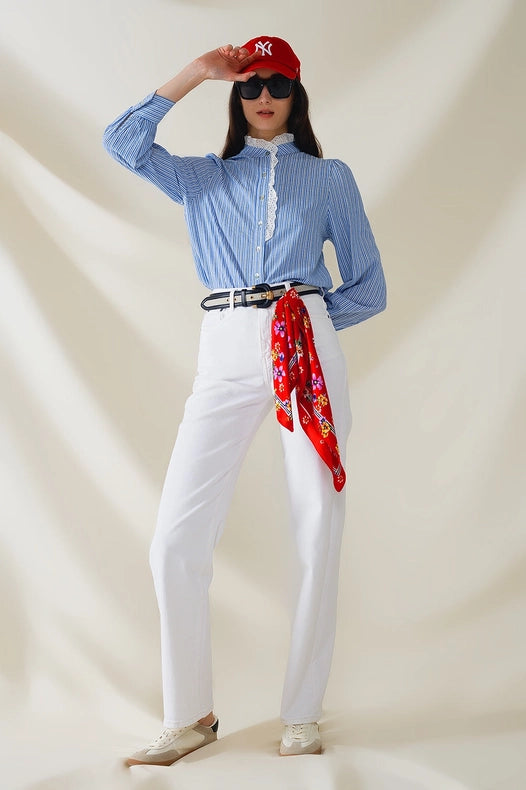 Blue Shirt with Vertical White Stripes with Lace Detail