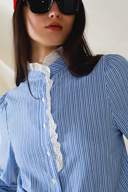 Blue Shirt with Vertical White Stripes with Lace Detail