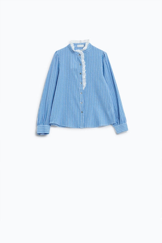 Blue Shirt with Vertical White Stripes with Lace Detail