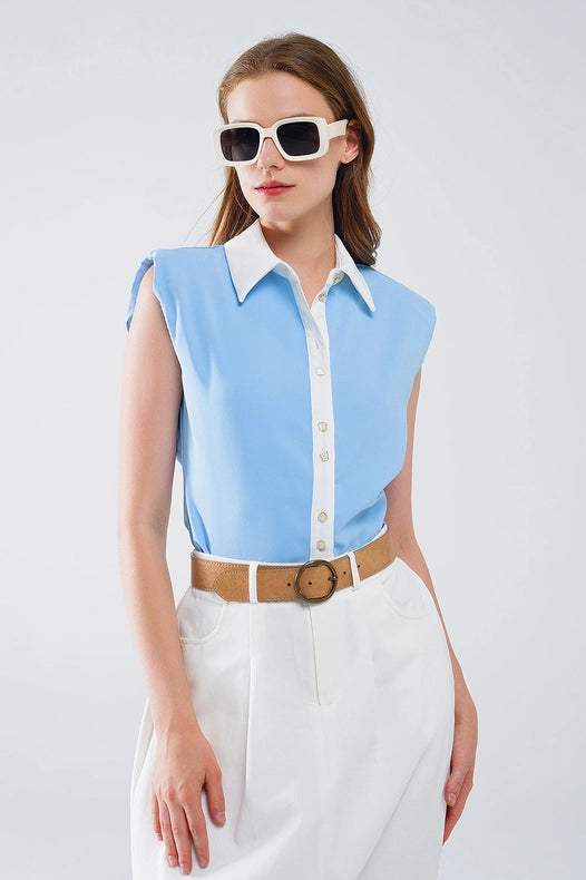 Blue Shirt with White Seams and Button Up Closing