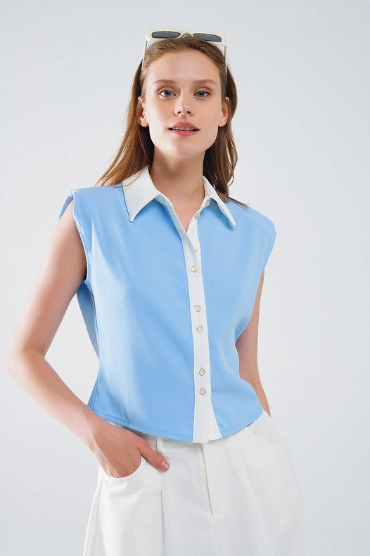 Blue Shirt with White Seams and Button Up Closing