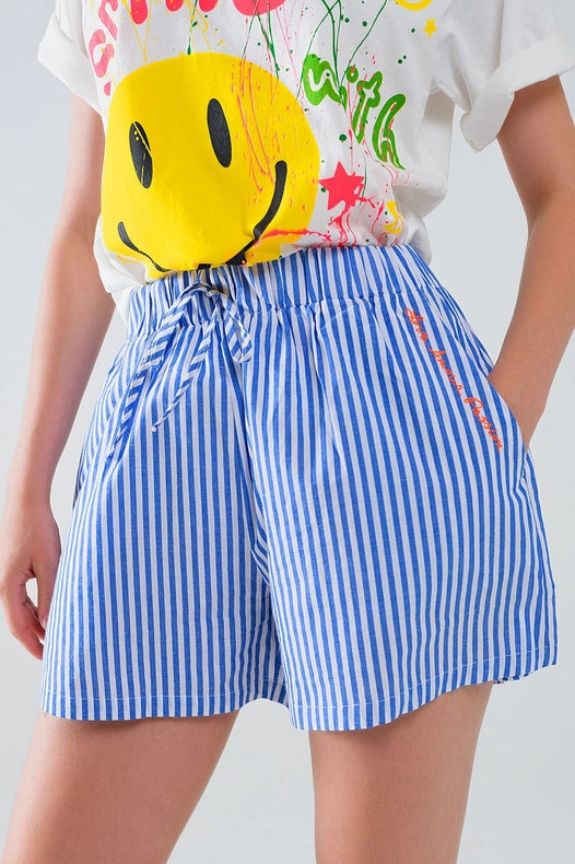 Blue Striped Shorts with Elastic Waist and Pockets