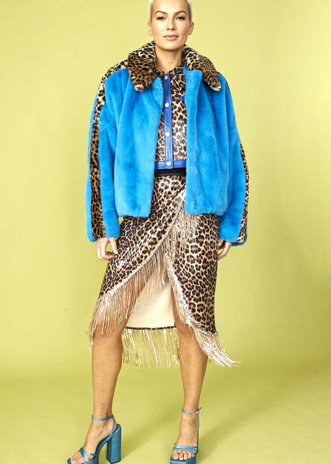 Blue and Leopard Print Faux Fur Coat-2