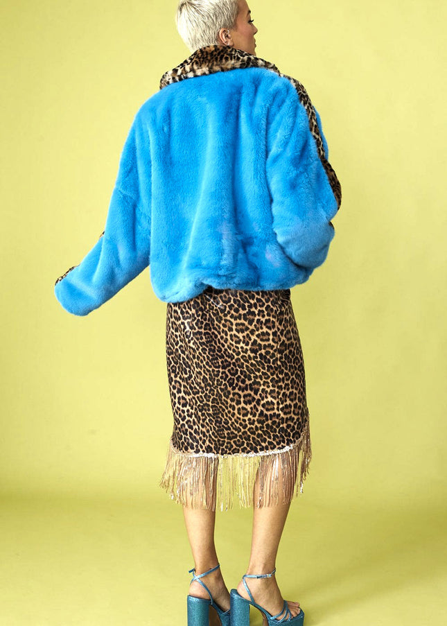 Blue and Leopard Print Faux Fur Coat-3