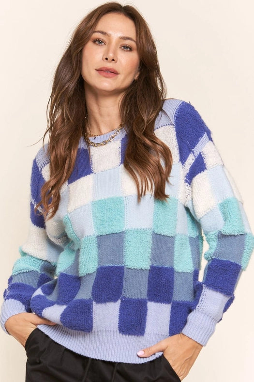 Blue and Teal Checkered Knit Sweater.