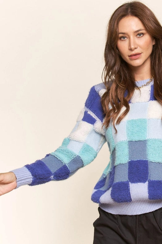 Blue and Teal Checkered Knit Sweater.