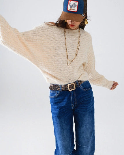 Boat Neck Chunky Rib Sweater in Cream