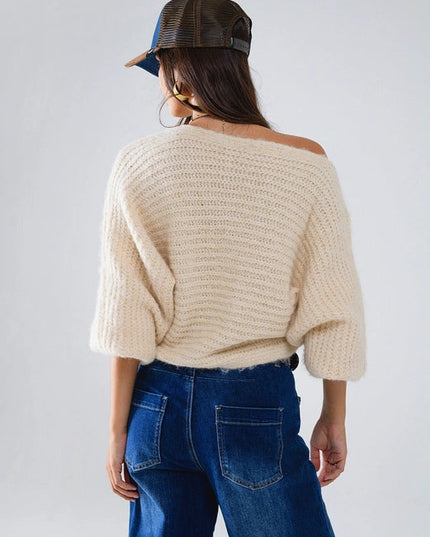 Boat Neck Chunky Rib Sweater in Cream