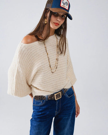 Boat Neck Chunky Rib Sweater in Cream