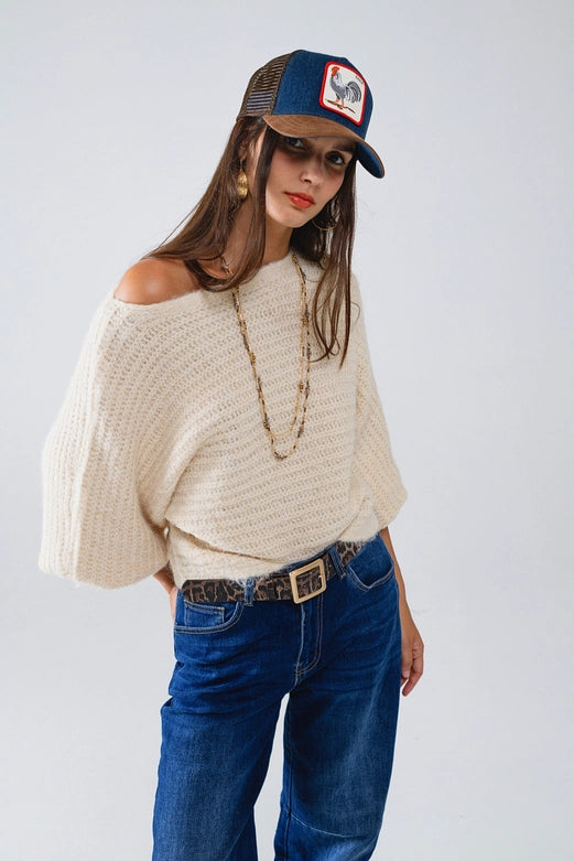 Boat Neck Chunky Rib Sweater in Cream