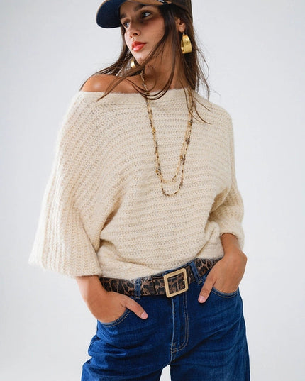 Boat Neck Chunky Rib Sweater in Cream