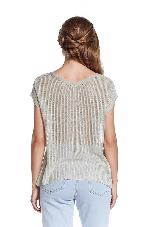 Boat Neck Ribbed Sweater With Cap Sleeves In Beige