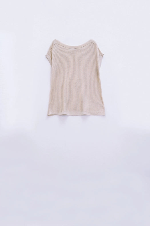 Boat Neck Ribbed Sweater With Cap Sleeves In Beige