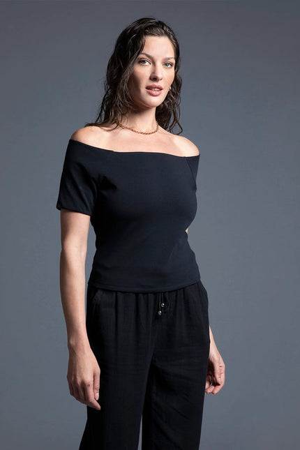 Boat Neckline Fitted Top - Adriana Top BLACK