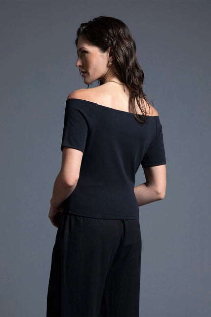 Boat Neckline Fitted Top - Adriana Top BLACK