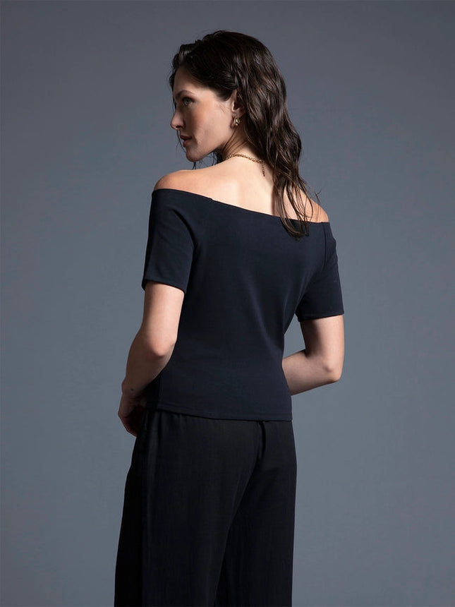 Boat Neckline Fitted Top - Adriana Top BLACK