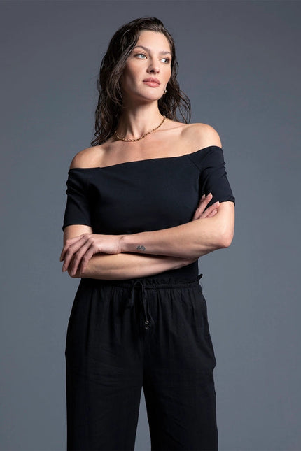 Boat Neckline Fitted Top - Adriana Top BLACK