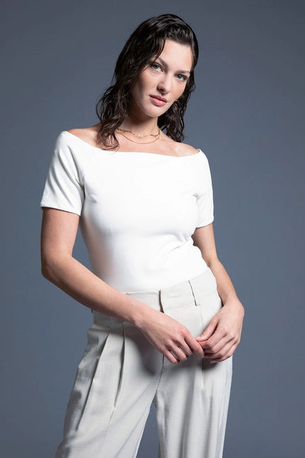 Boat Neckline Fitted Top - Adriana Top WHITE