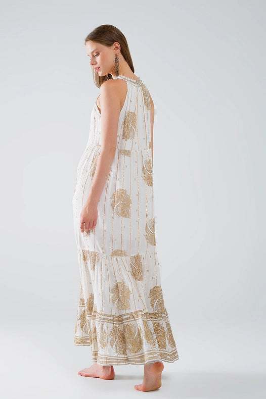 Boho Maxi Chiffon Dress with Gold Flower Print