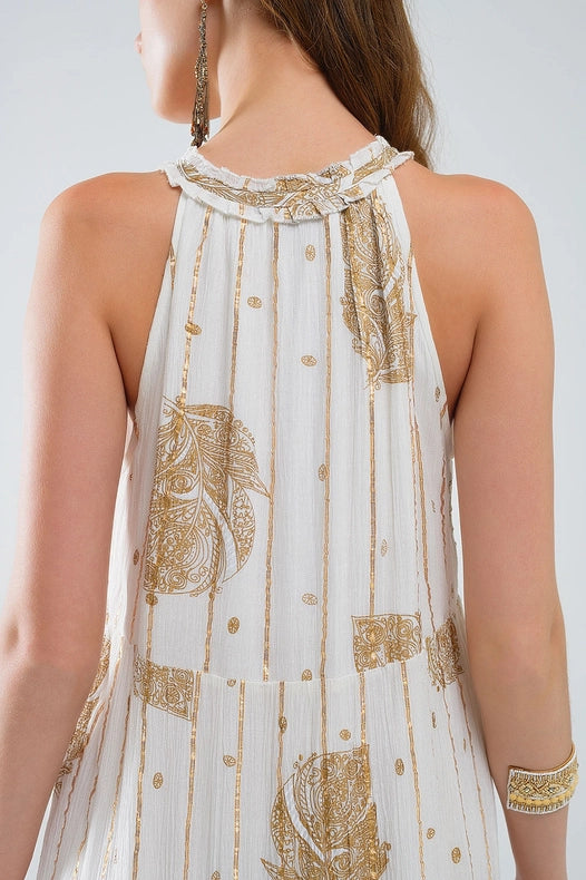 Boho Maxi Chiffon Dress with Gold Flower Print