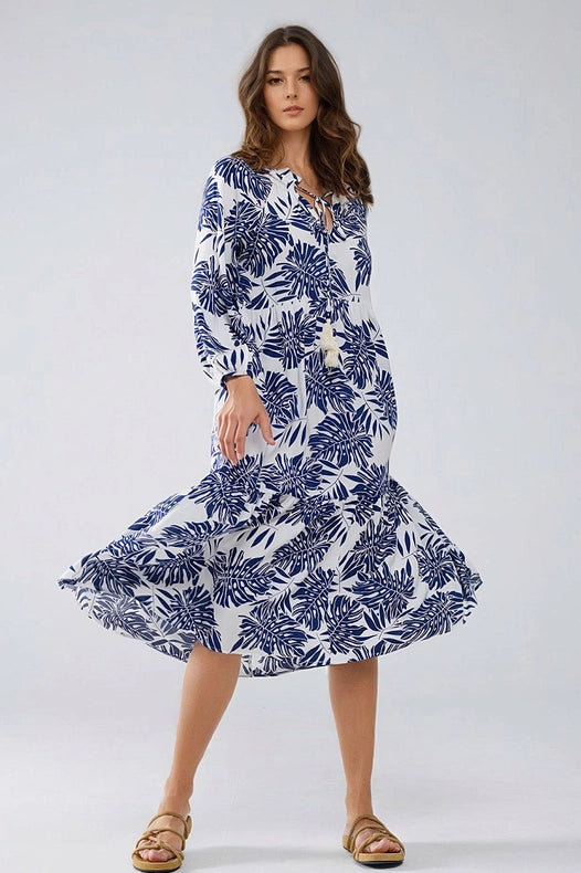 Boho Maxi Dress with Balloon Sleeves and Leaf Print in Navy and White