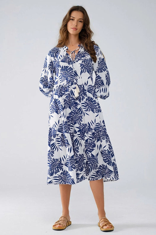 Boho Maxi Dress with Balloon Sleeves and Leaf Print in Navy and White