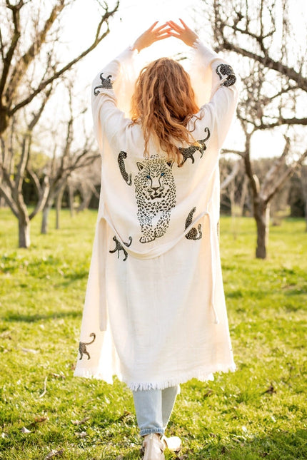 Boho Tiger Long Kaftan Kimono White Kimono Black Tiger