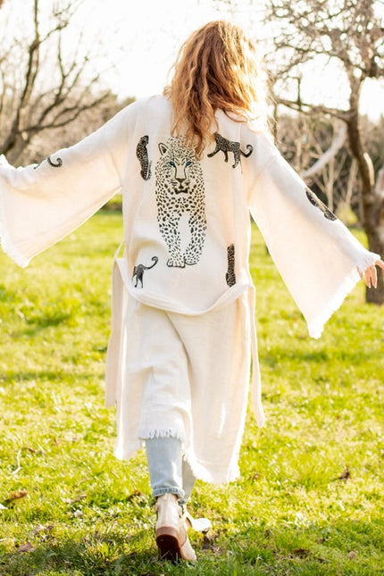 Boho Tiger Long Kaftan Kimono White Kimono Black Tiger