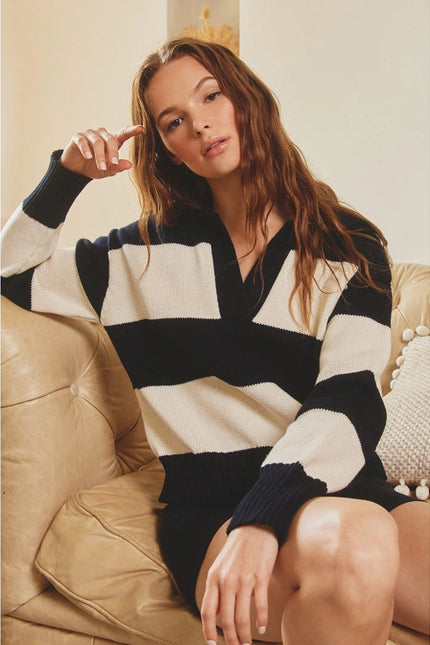 Bold Stripe Collared Sweater IVORY/NAVY