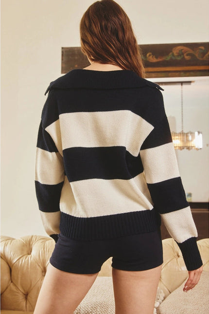 Bold Stripe Collared Sweater IVORY/NAVY