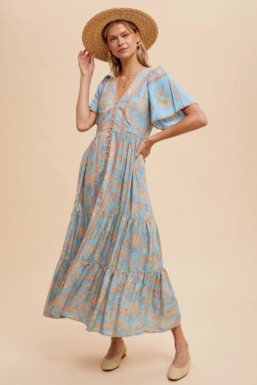 Border Print Button Front Midi Dress DUSTY BLUE