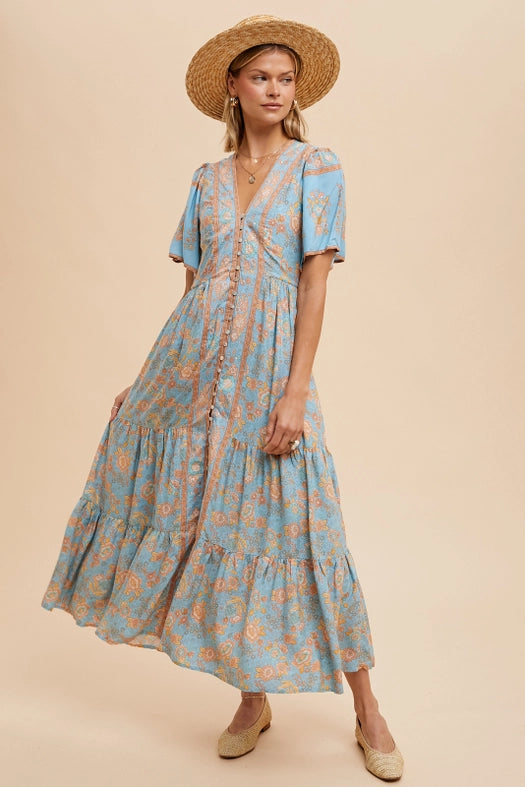 Border Print Button Front Midi Dress DUSTY BLUE