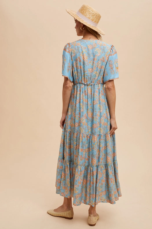 Border Print Button Front Midi Dress DUSTY BLUE