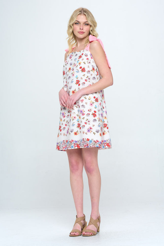 Border Print Floral Dress with Bow Detail-1