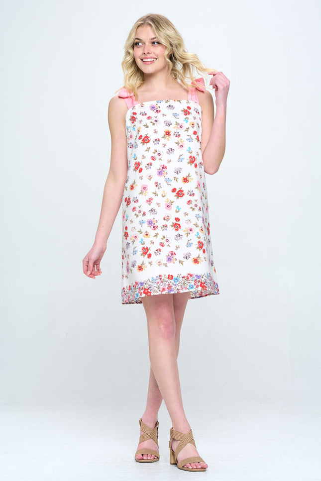 Border Print Floral Dress with Bow Detail-2