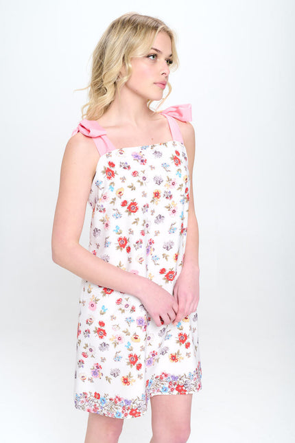 Border Print Floral Dress with Bow Detail-0