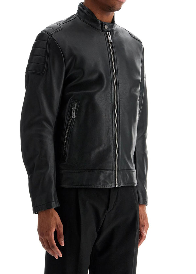 Boss black leather jacket with high collar and quilted details