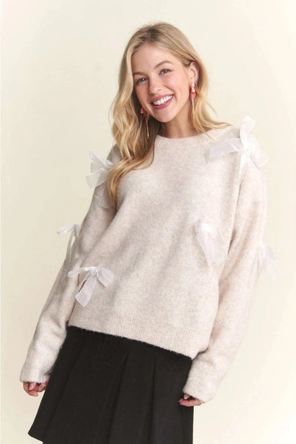 Bow Applique Soft Sweater Drop Shoulder Cozy Knit Charm OATMEAL