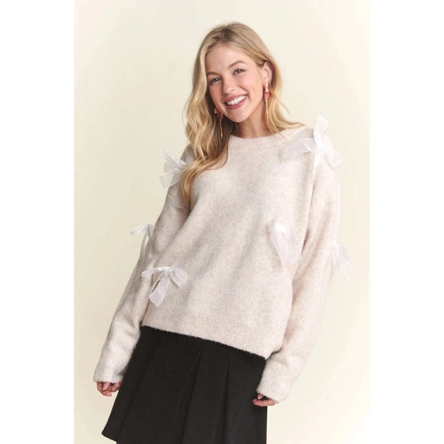 Bow Applique Soft Sweater Drop Shoulder Cozy Knit Charm OATMEAL