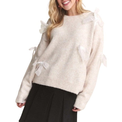 Bow Applique Soft Sweater Drop Shoulder Cozy Knit Charm OATMEAL