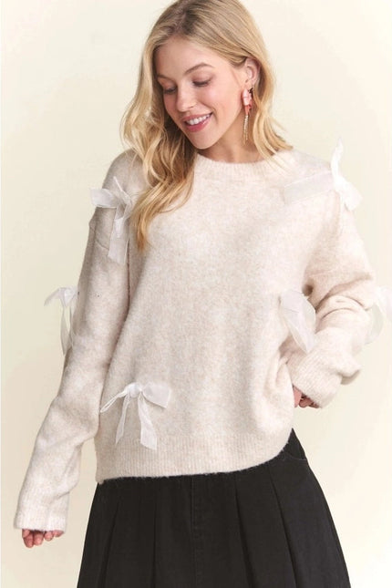 Bow Applique Soft Sweater Drop Shoulder Cozy Knit Charm OATMEAL