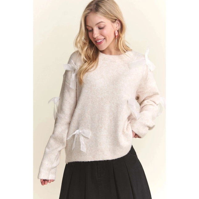 Bow Applique Soft Sweater Drop Shoulder Cozy Knit Charm OATMEAL