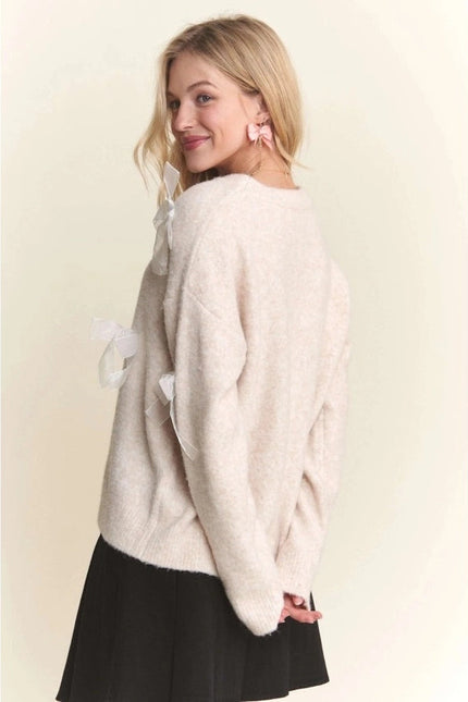 Bow Applique Soft Sweater Drop Shoulder Cozy Knit Charm OATMEAL