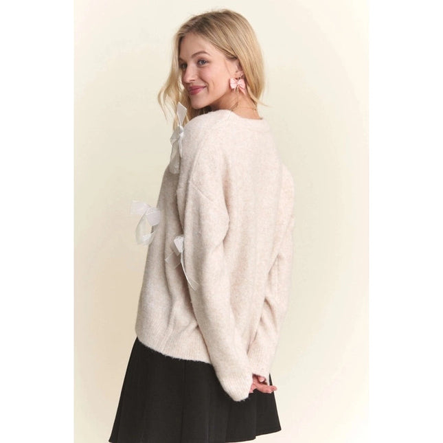 Bow Applique Soft Sweater Drop Shoulder Cozy Knit Charm OATMEAL