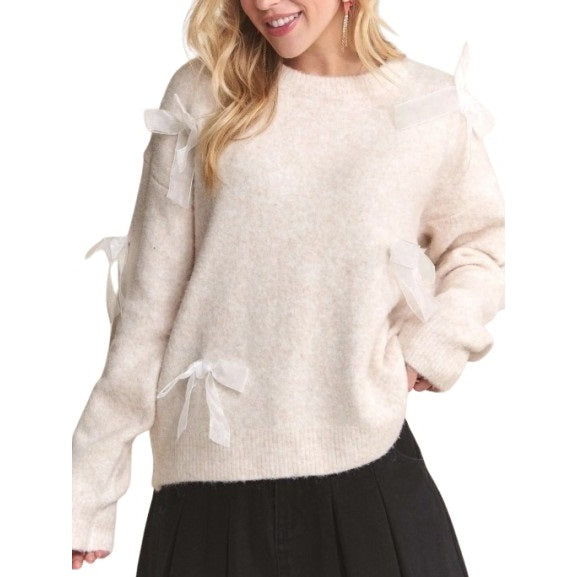 Bow Applique Soft Sweater Drop Shoulder Cozy Knit Charm OATMEAL