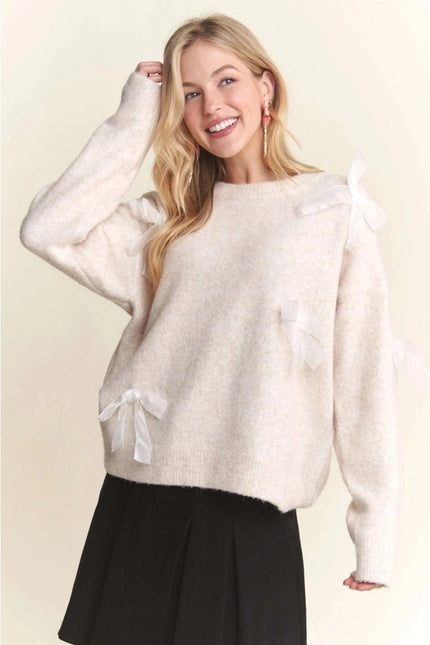 Bow Applique Soft Sweater Drop Shoulder Cozy Knit Charm OATMEAL