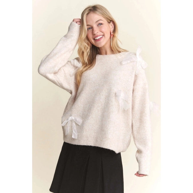 Bow Applique Soft Sweater Drop Shoulder Cozy Knit Charm OATMEAL